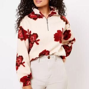 LOFT Floral Sherpa Sweatshirt Womens Medium Cream Red Quarter Zip Cozy
